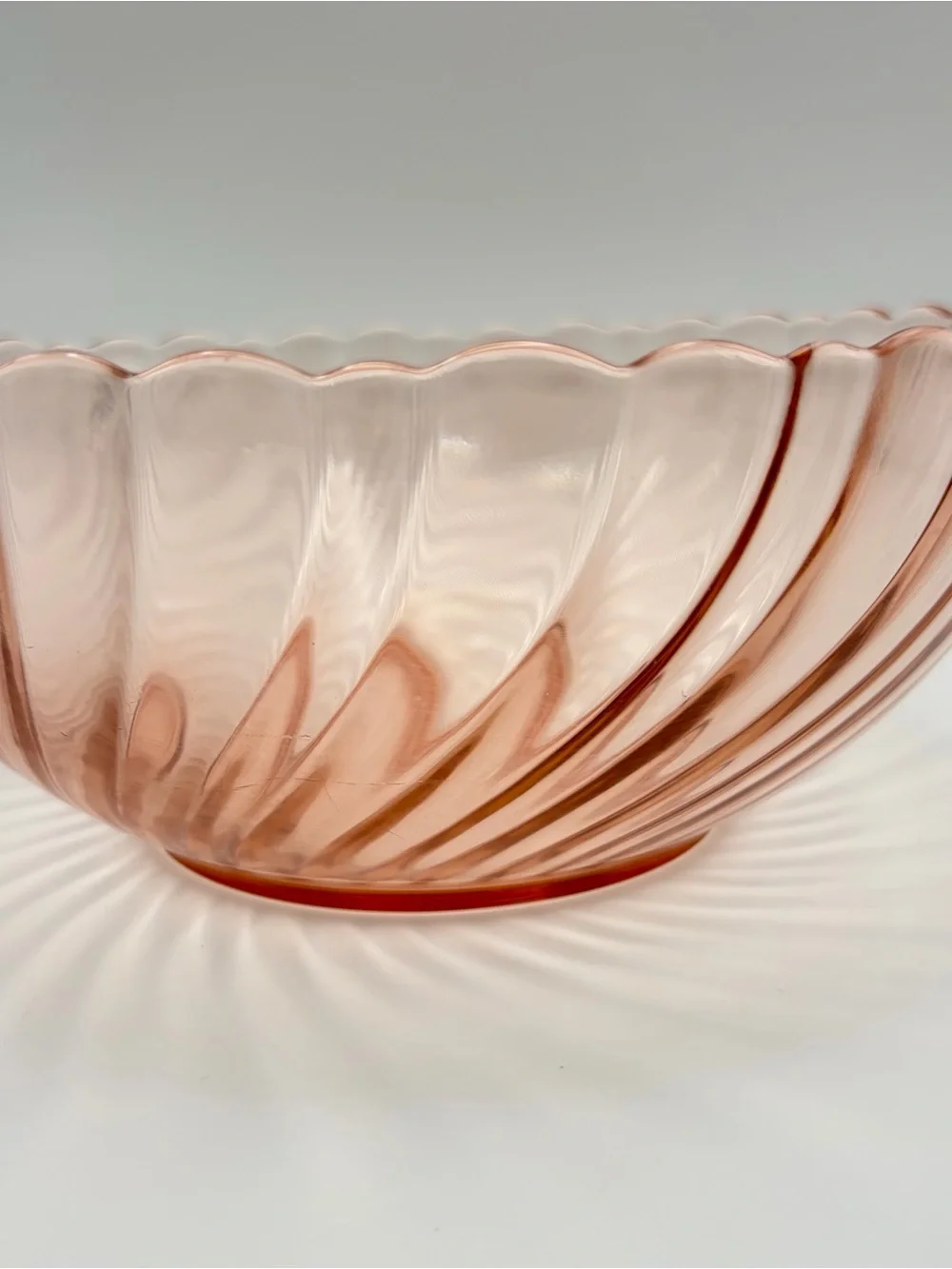 Vintage Arcoroc Rosaline Pink Swirl Glass Bowl France Scalloped Rim 9”